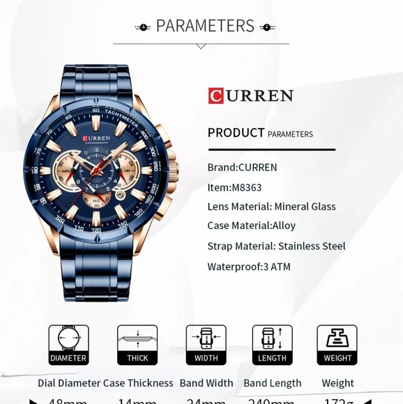 New Style Blue & Rose Gold Waterproof Chronograph Wristwatch Sports Watch - Picture 5 of 5